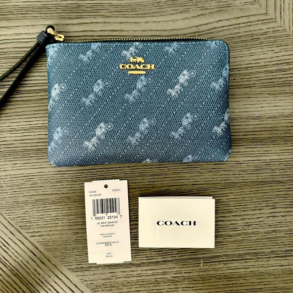 Coach Denim Horse and Carriage Dot Print Corner Zip Wristlet